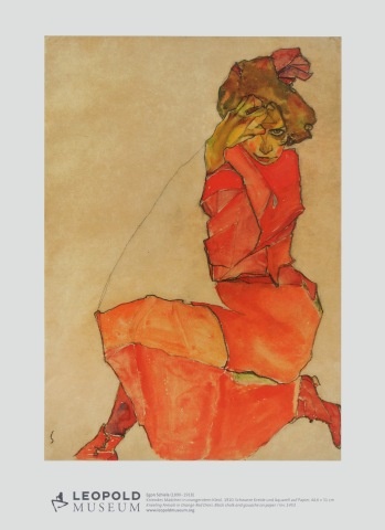 Schiele Egon; Kniendes Mädchen in orangerotem Kleid, 1910